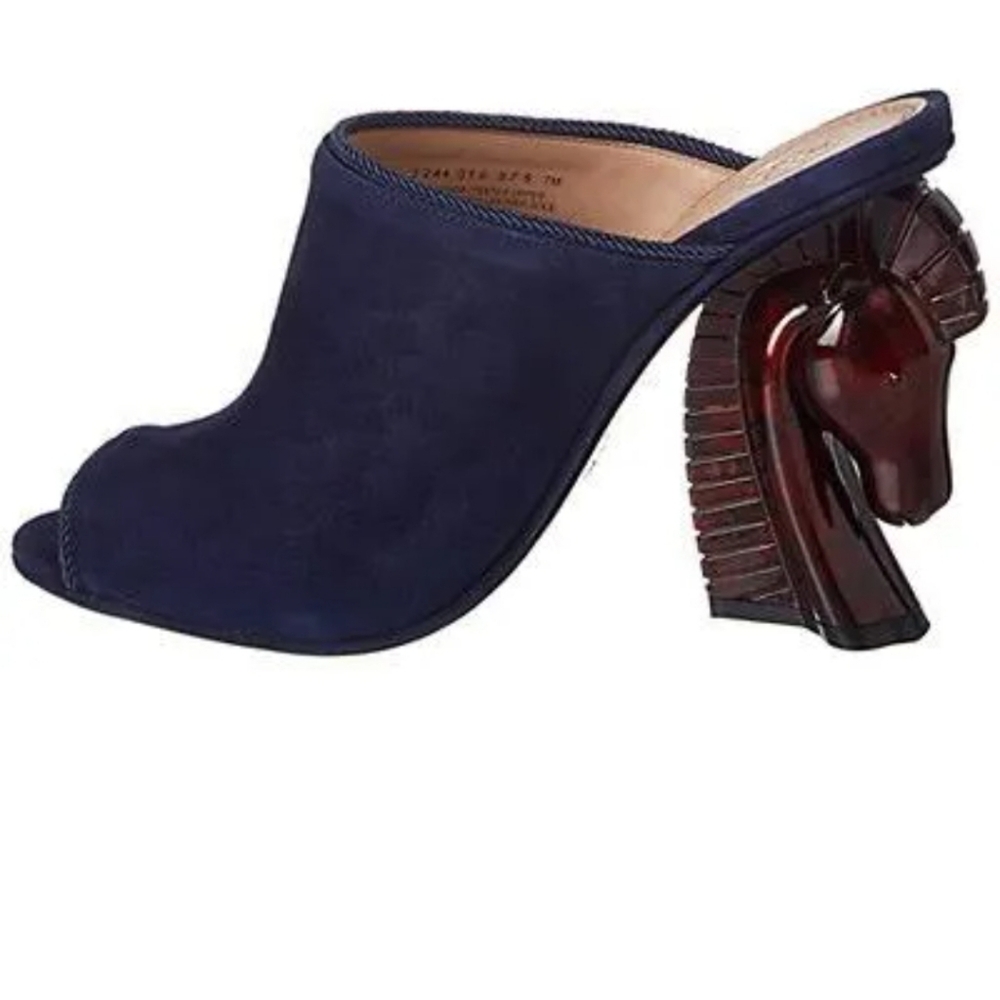 Tory Burch Navy Suede Barton Horse Sculpted Heel